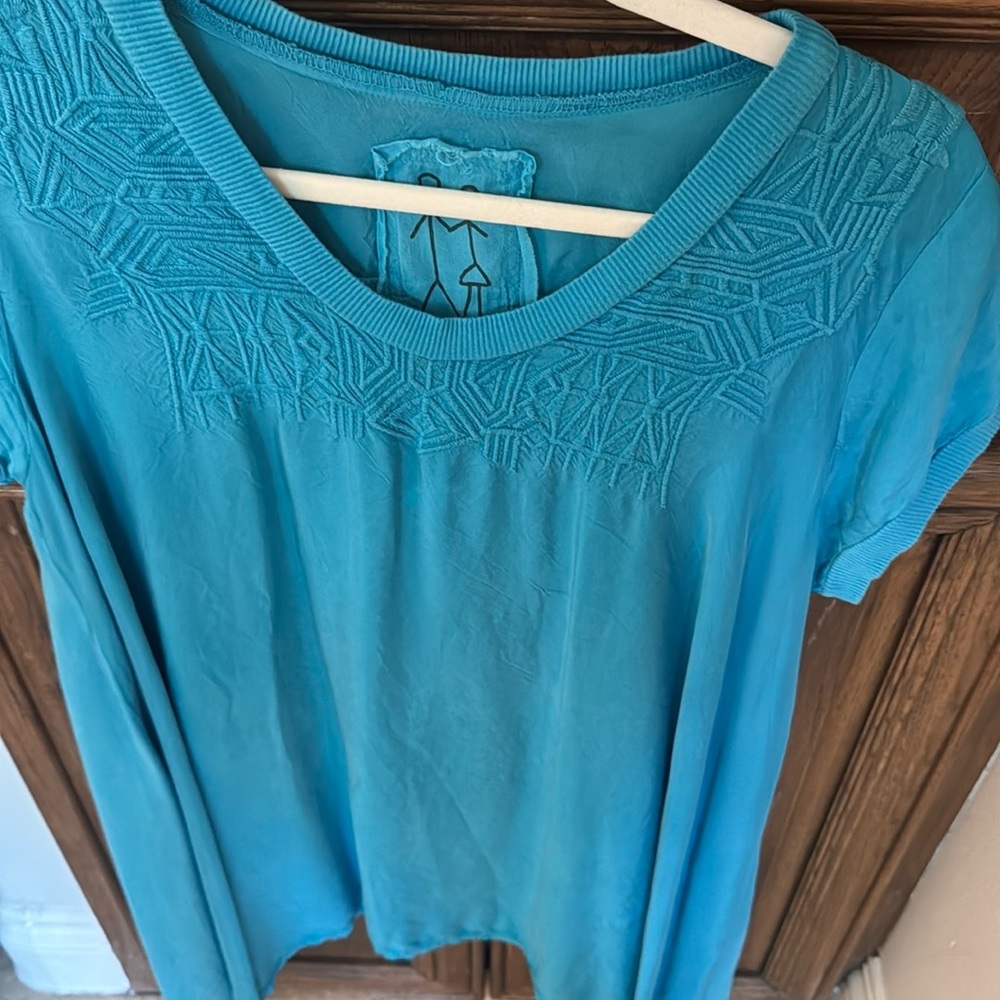 Johnny Was Blue Embellished Short Sleeve Blouse